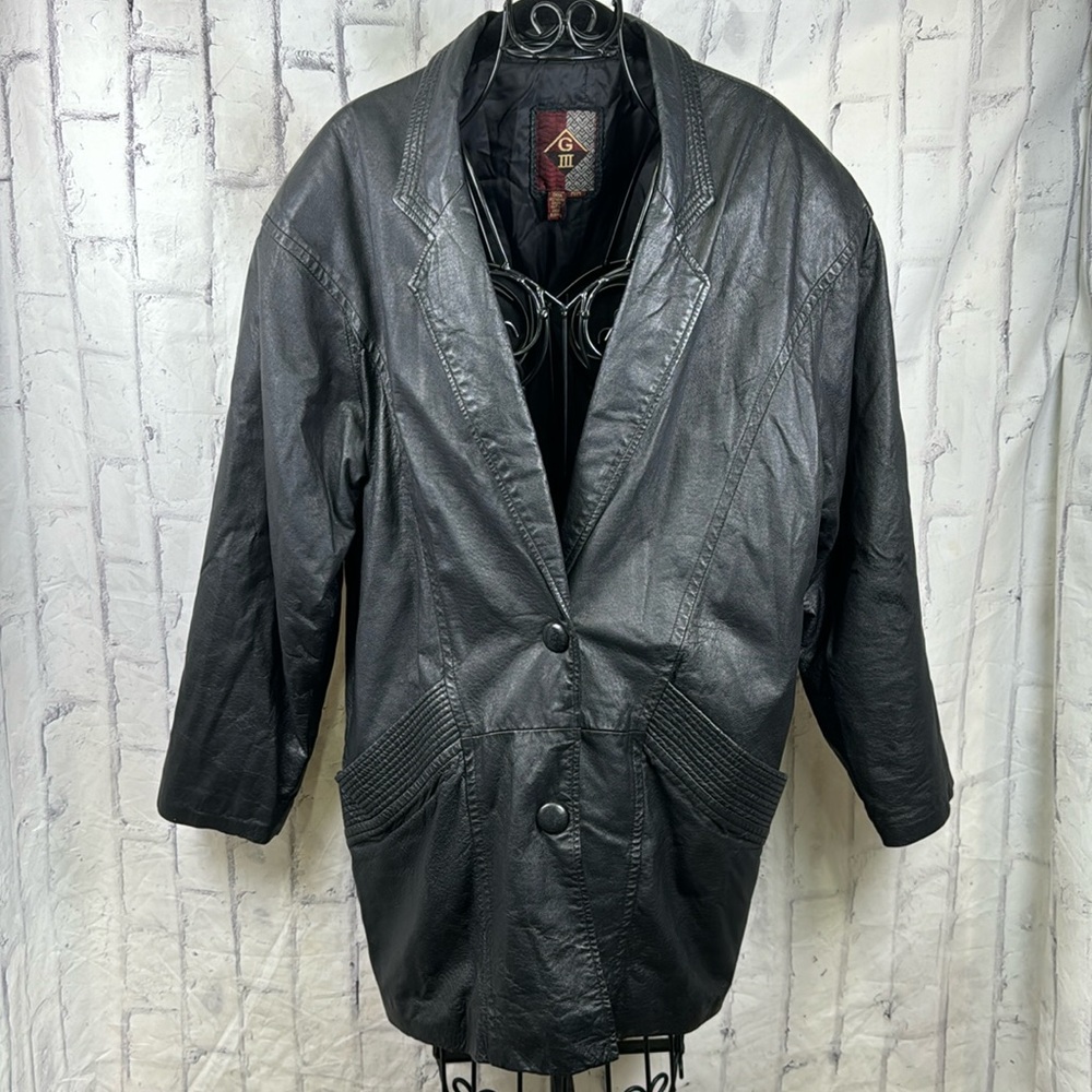 G III Vintage Genuine Leather Coat Mid-Length Black 80's Cut Fully Lined